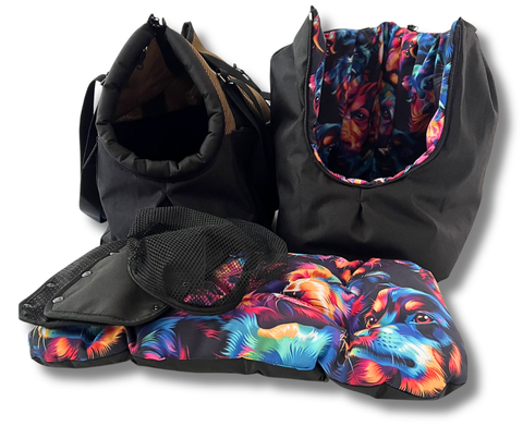 Sommertasche Neon Dogs mit farbstarkem Hunde-Inlay, Fensternetz und Zubehör für Hunde bis 10 kg