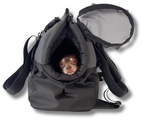 Hundetasche Multifunktion Gr. M mit Rucksackfunktion für Hunde bis ca. 5 kg, mit kleinem Hund, geöffnetem Einstieg und abnehmbarem Fensternetz