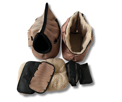 Für Hunde bis ca. 5kg / Exklusiver Regenschutz 💦 / Sommertasche - Multifunktion Gr. M "Teddybär" mit extra Inlay & abnehmbarem Fensternetz