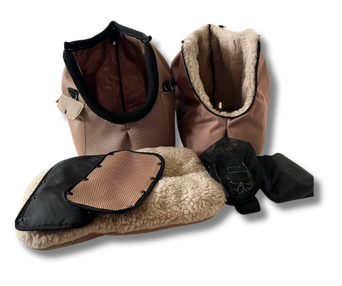 Für Hunde bis ca. 5kg / Exklusiver Regenschutz 💦 / Sommertasche - Multifunktion Gr. M "Teddybär" mit extra Inlay & abnehmbarem Fensternetz