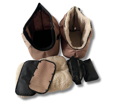 Für Hunde bis ca. 5kg / Exklusiver Regenschutz 💦 / Sommertasche - Multifunktion Gr. M "Teddybär" mit extra Inlay & abnehmbarem Fensternetz