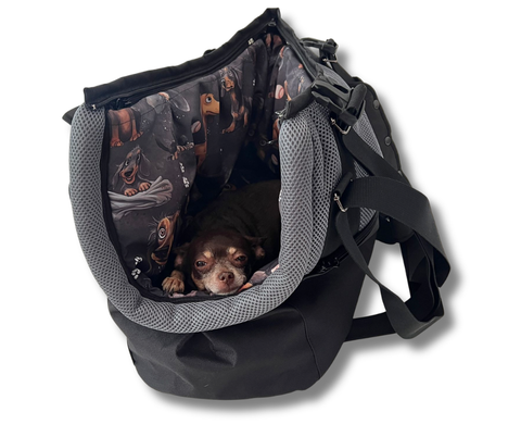 Graphic Style Hundetasche-Rucksack in Schwarz-Grau mit kleinem Hund im gemütlichen Innenbereich für Hunde bis ca. 7 kg