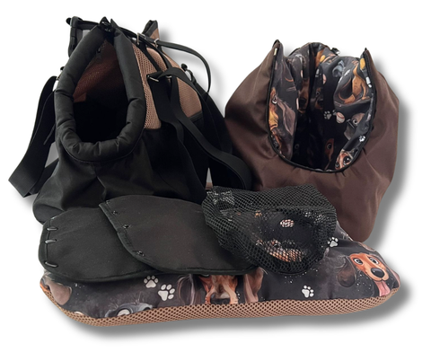 Summer Dogs Hundetasche-Rucksack in Schwarz, Beige und Braun mit Softshell-Inlay im Hundemotiv-Design, Wendekissen und abnehmbarem Fensternetz