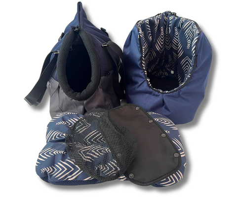 Sommertasche Denim Blue in Dunkelblau und Grau mit Inlay, Fensternetz und Zubehör für Hunde bis 5 kg