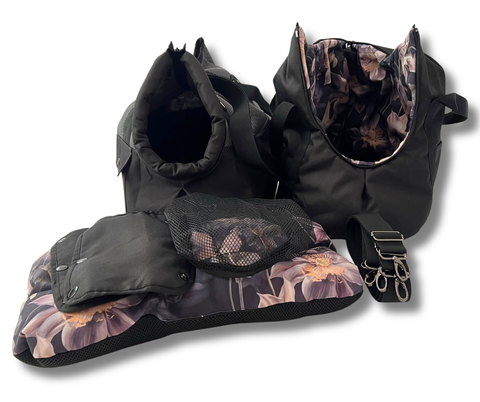 3-in-1 Hundetasche Nachtblume in Grau-Schwarz mit floralem Inlay, Fensternetz und separat tragbarem Inlay für Hunde bis 7 kg