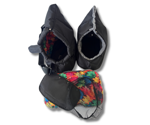 Blätterzauber Hundetasche mit separat gezeigtem Inlay und Wendekissen aus Blätter-Softshell und Kunstfell