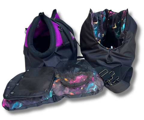 Sommertasche-Rucksack Lavendeltraum in Lavendel-Violett und Schwarz mit Inlay und Zubehör für Hunde bis 5 kg