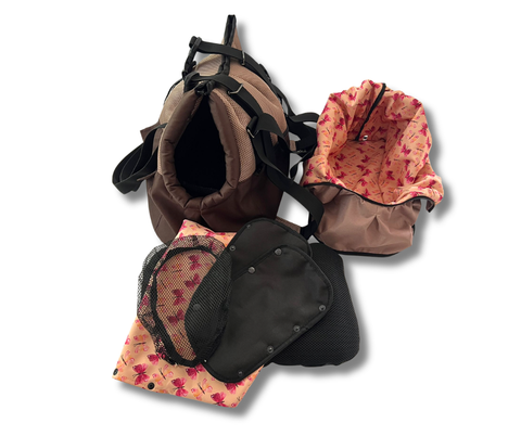 Luftiger Hundetasche-Rucksack Summer Butterfly Größe M mit beigem Mesh, braunem Oxford-Gewebe und optionalem Softshell-Kissenbezug