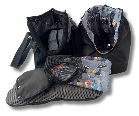 Graphitfarbene Hundetasche mit schwarzem Mesh, Katzen-Inlay und Zubehör in Größe S