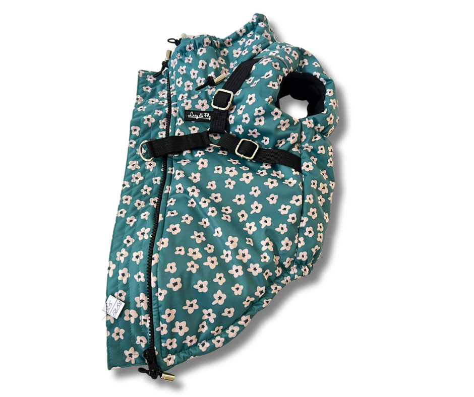 Hundeweste Blümchen aus Softshell mit integriertem verstellbarem Geschirr, Reißverschluss und kleinen Blumen