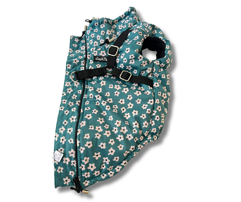 Hundeweste Blümchen aus Softshell mit integriertem verstellbarem Geschirr, Reißverschluss und kleinen Blumen