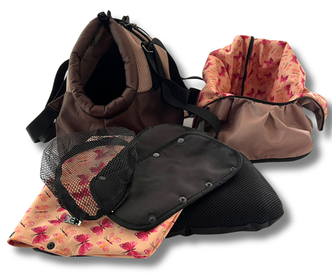 Summer Butterfly Hundetasche-Rucksack in Braun-Beige mit Butterfly-Kissenbezug, abnehmbarem Fensternetz und schwarzem Kissen für Hunde bis ca. 5 kg