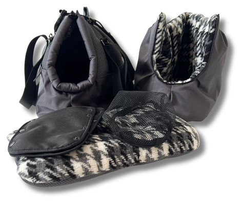 Hundetasche Graue Eleganz Größe M mit Inlay, Fensternetz und Bodenplatte für kleine Hunde bis 5 kg