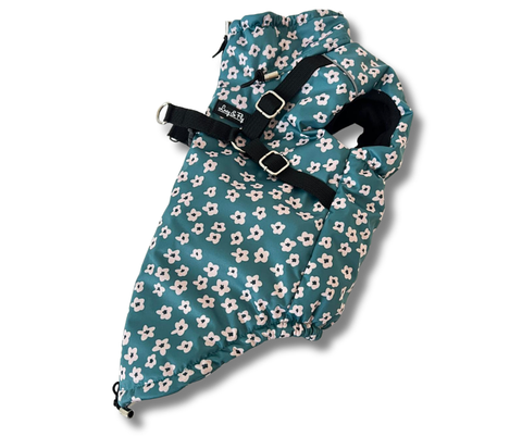 Softshell-Hundeweste Blümchen als Einzelstück mit integriertem Geschirr, floralem Design und Ansicht von Schnitt und Details