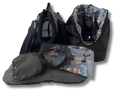 Sommertasche Graphit Cats Gr. S mit Katzen-Inlay, Fensternetz und Zubehör für Mini-Hunde bis 2,5 kg