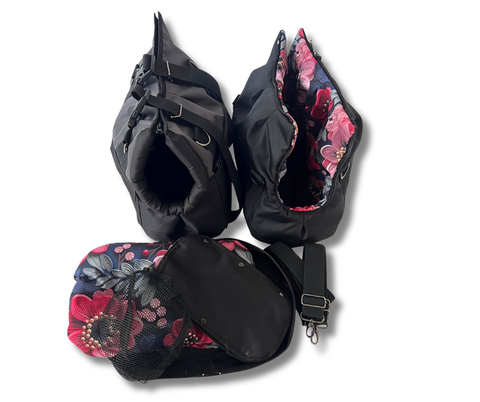 Schwarze Hundetasche Blütennacht mit herausnehmbarem floralen Winter-Inlay, Kissen und abnehmbarem Fensternetz