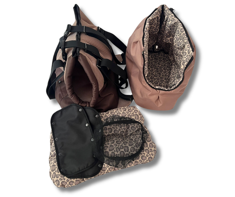 Hundetasche Rucksack Leo in Beige und Braun mit Inlay und Zubehör für kleine Hunde