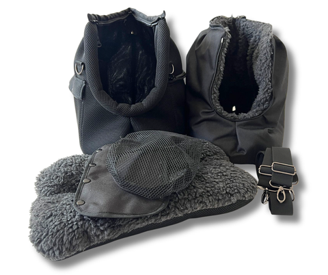 Für Hunde bis ca. 5kg / Hundetasche - Multifunktion Gr. M "In Schwarz / Grafit" mit extra Inlay & abnehmbarem Fensternetz.