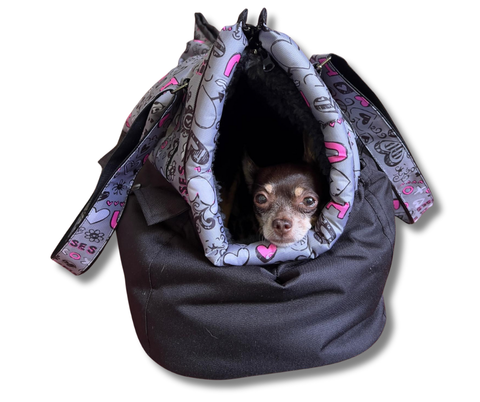 Für Hunde bis ca. 7kg / Wetterfeste Hundetasche "Pfotenliebe" mit abnehmbarem Fensternetz Gr. L