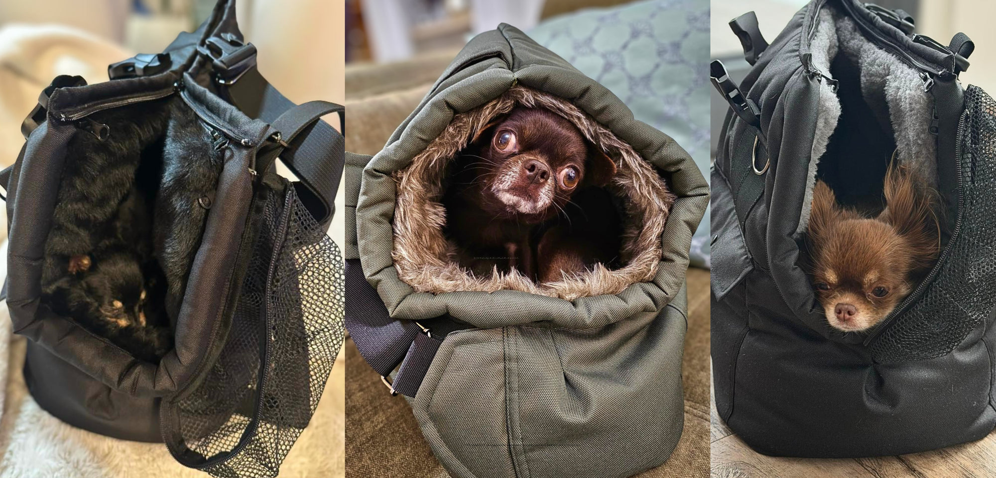 Handgefertigte Hundetaschen für kleine Hunde – Größen S bis XL